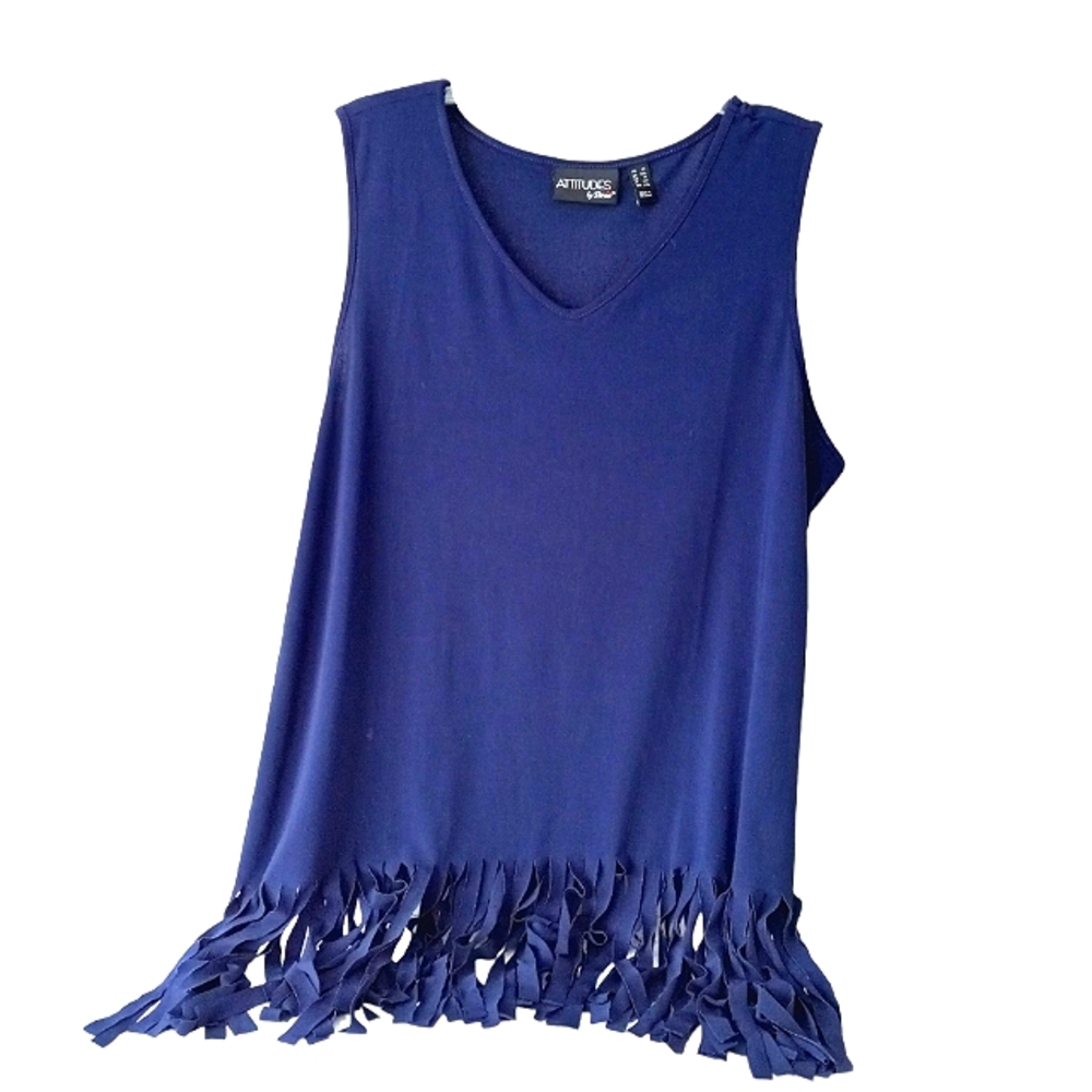 New Attitudes By Renee Navy Sleeveless Fringe Tank Size 1X